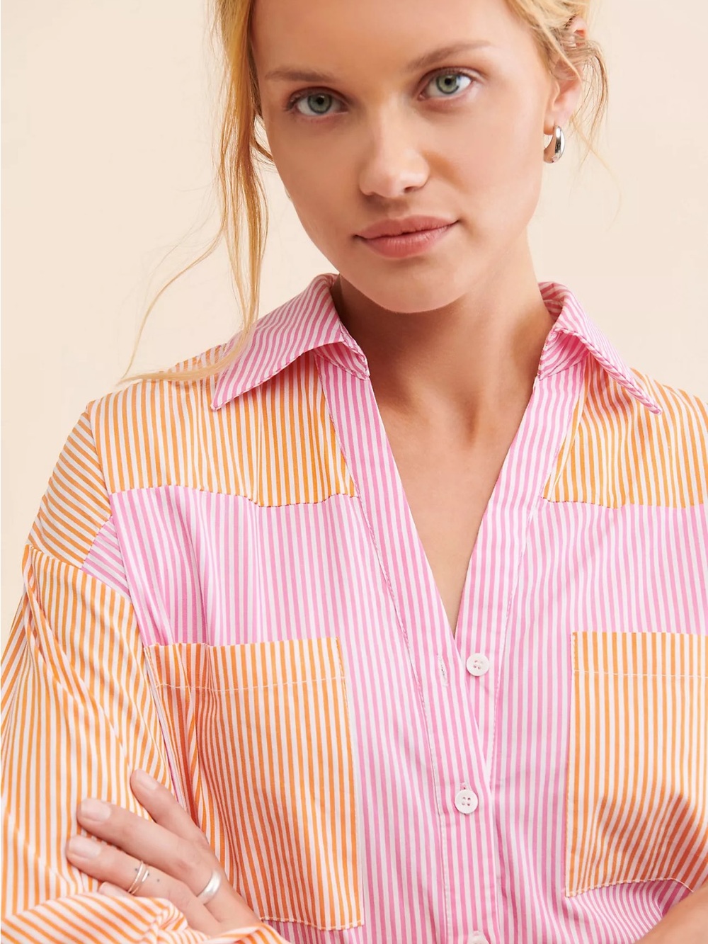 ANTHROPOLOGIE M RAHI Lizzy Colorblock Buttondown Shirt • Pink Orange Stripe